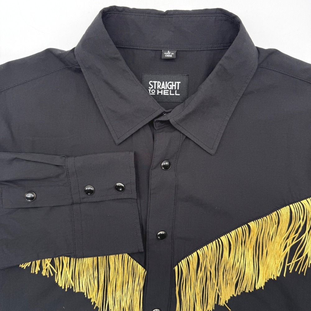 Straight To Hell Shirt Mens L Black Yellow Fringe Western Rockabilly Button Down